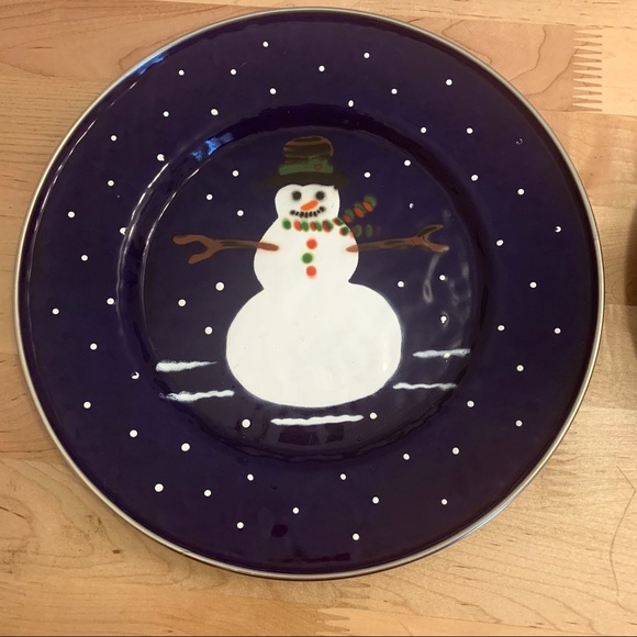 Vintage Denise Harvey Blue Enamel Snowman Christmas Dishes 4 Bowls & 2 Plates - Picture 5 of 11